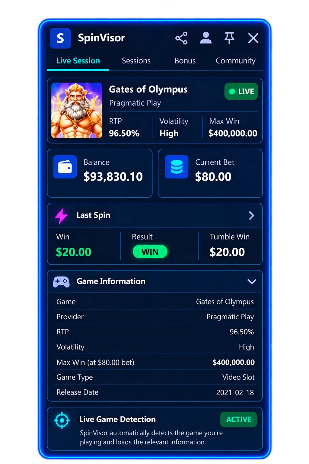 SpinVisor Live Game Detection showing casino, provider, game name and live bet context