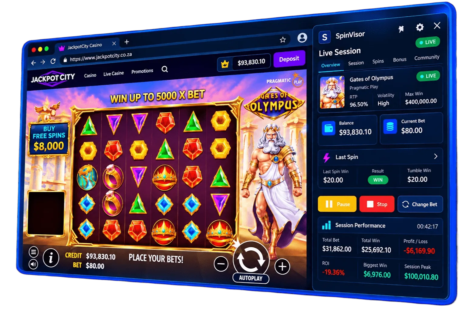 SpinVisor live session overlay on a slot game, showing session stats while you play